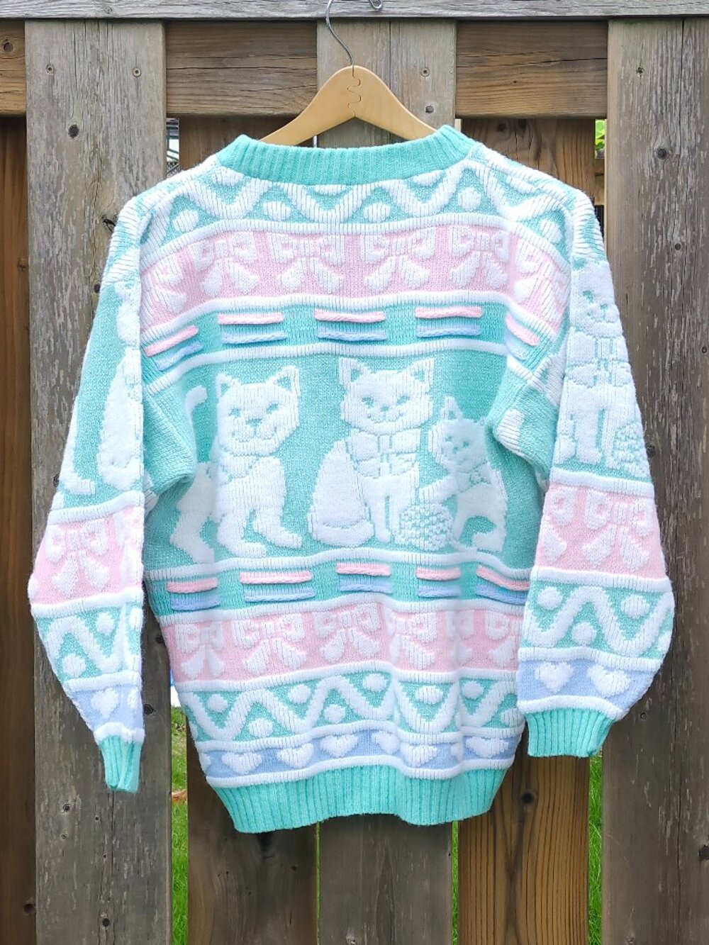 ADORABLE Vintage 80s 90s Pastel Cat Knit Sweater Green Kitten Large Bows